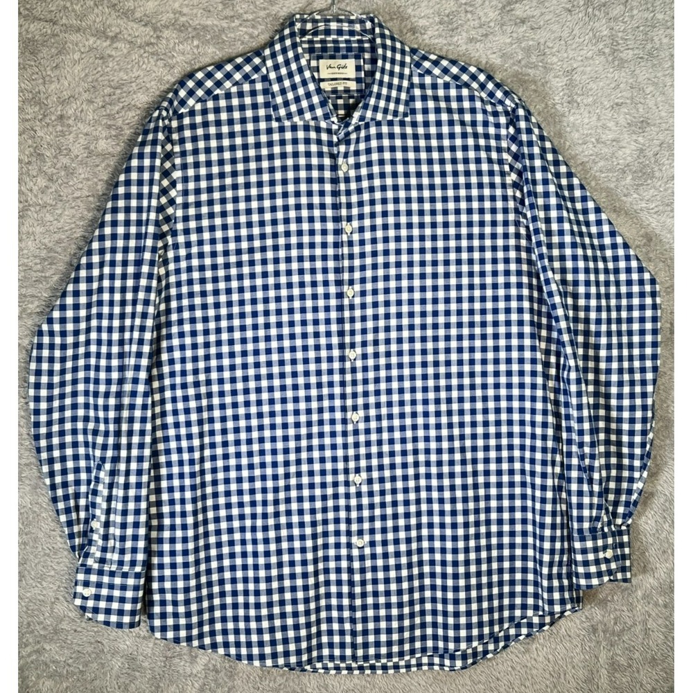 Van Gils Tailored Fit Button‎ Down Shirt Blue White Gingham Check Long Sleeve